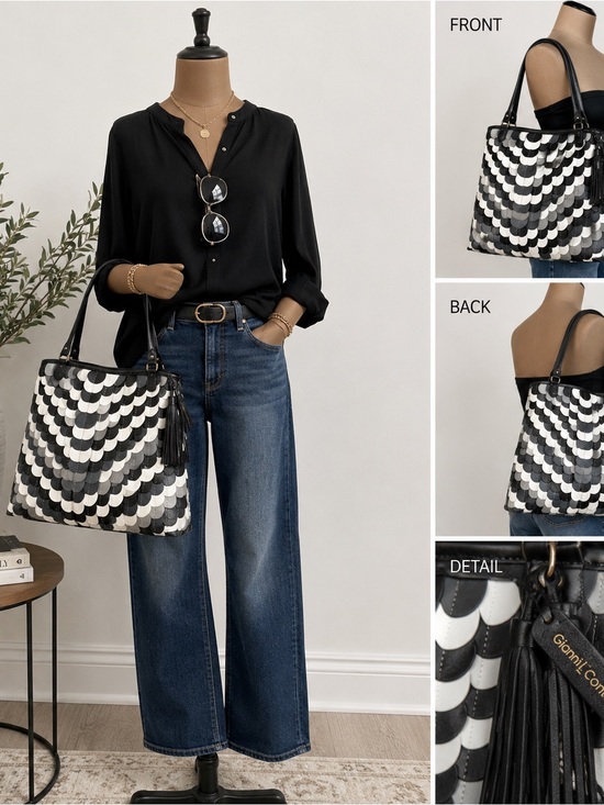 Gianni Conti Handbags - Gianni Conti Genuine Leather Patchwork Tote Bag Black White Gray Scallop Purse